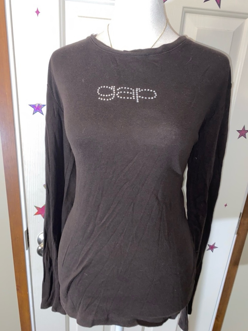 GAP Black Long-Sleeve Crewneck Top with Rhinestone Logo